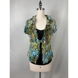 Dressbarn Y2K Style Large Paisley Ruffle Tie Front Layered Boho Top Blouse